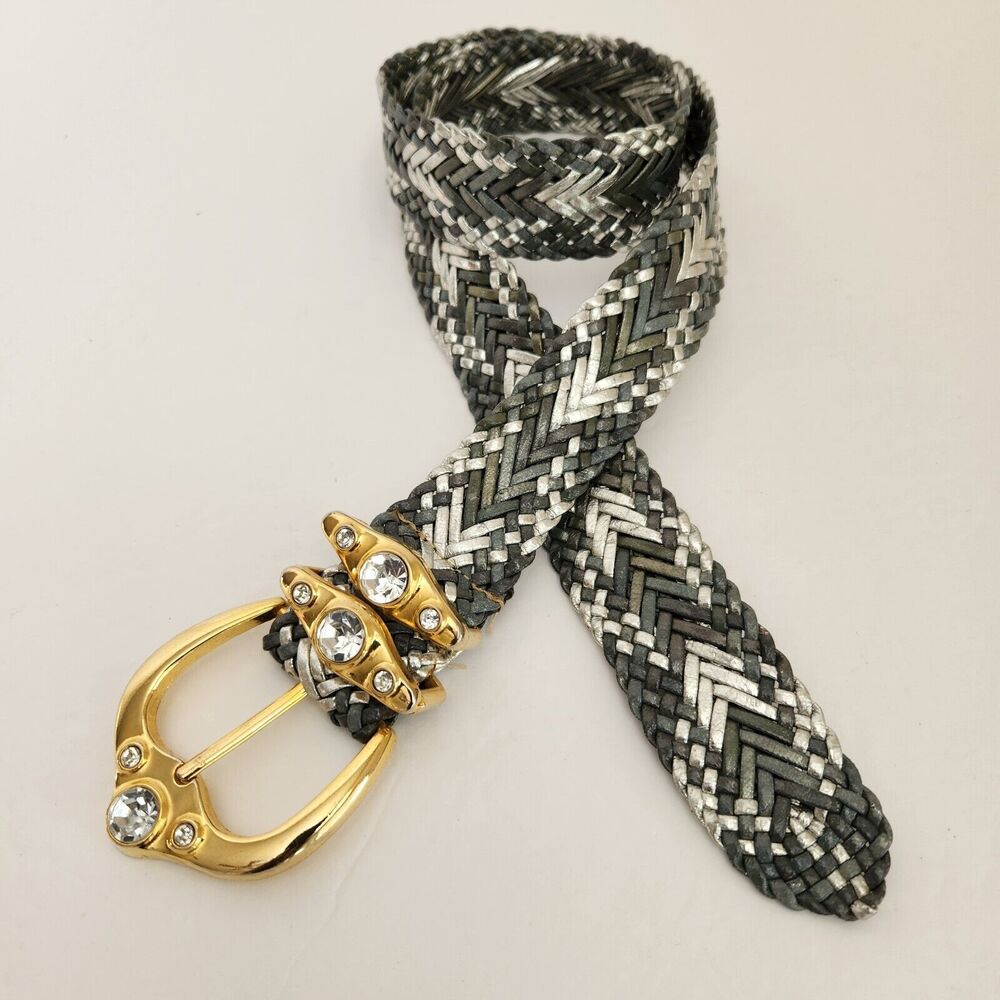 Womens Gray Silver Braided Wide Belt Gold Rhinestone Buckle Length 37 3/4 Inch